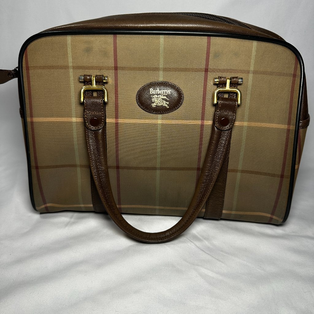 Vintage Burberrys Nova Check Satchel Brown Leather Trim Zip Handbag Burberry